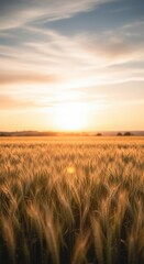 Obraz premium Golden wheat field at sunset. agricultural landscape with ripe crop in golden hour natural light. Summer harvest concept for farm background.