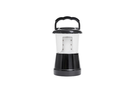 A portable LED camping lantern with a sturdy handle, sleek black design, ideal for outdoor adventures, emergency kits with transparent background