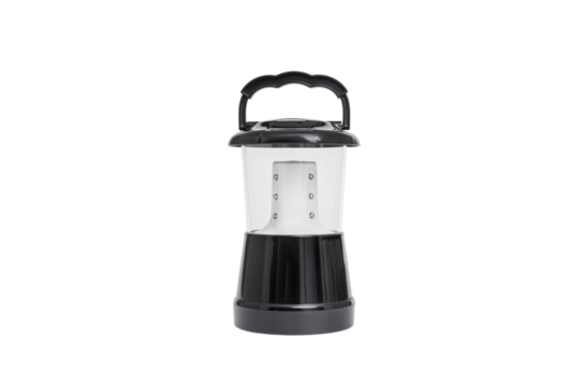 A portable LED camping lantern with a sturdy handle, sleek black design, ideal for outdoor adventures, emergency kits with transparent background