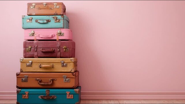 A colorful stack of vintage suitcases in front of a soft pink wall.