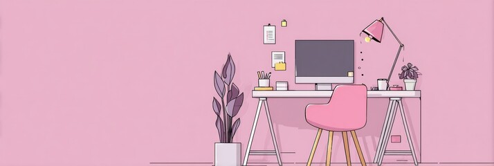 Minimalist Home Office Design Featuring Task Planner and Indoor Plant Against Pink Backdrop