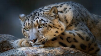 Naklejka premium Close-up of a snow leopard resting on a rock.