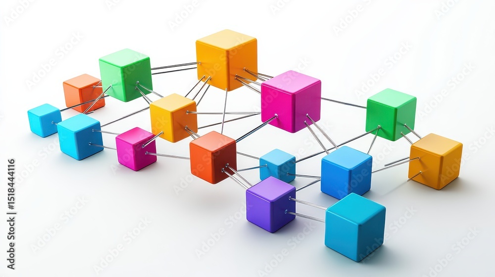Poster a network structure made of colorful blocks connected to each other, symbolizing connection and inte