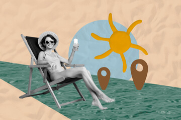 Creative full artwork collage of happy sexy girl wear swimsuit sit longer pool water hold cocktail...