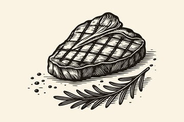 Grilled steak with rosemary engraving style vector illustration

