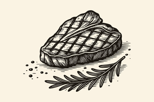 Grilled steak with rosemary engraving style vector illustration

