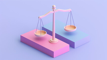 An illustration of balance with pastel colors. A scale sits between a pink platform and a blue platform, representing equality.