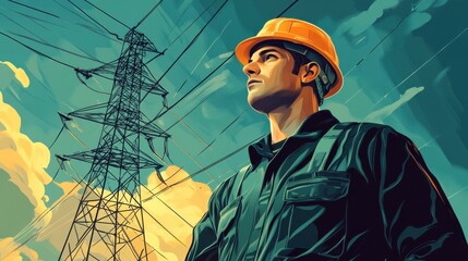 A man in a helmet and uniform, an electrician in the field. Professional electrician engineer inspects power lines work. illustration , no logos, no brands