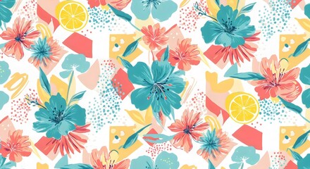 Naklejka premium Vibrant Beach Vibes Seamless Design Featuring Abstract Waves and Minimalistic Palm Silhouettes