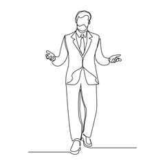 continuous line drawing of standing business man show presentation gesture. Vector illustration sketch art editable stroke