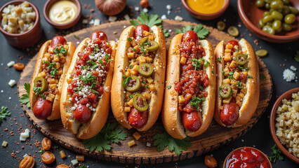 National Hot Dog Day – Gourmet Hot Dogs with Toppings on Rustic Wooden Board