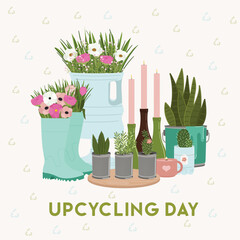 Upcycling day. Set of upcycling elements. Handmade and DIY secondary use. Ecological, reasonable consumption and sustainable life concept. Hand drawn vector illustration