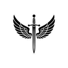 Divine Protection: An elegant emblem featuring a blade, flanked by wings, signifies a powerful metaphor for guardianship, fortitude and strength.