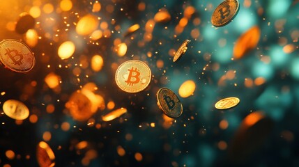 Abstract scene with flying Bitcoin coins and graphs showing the growth of cryptocurrencies