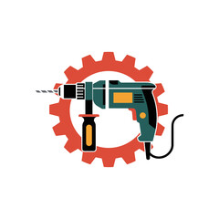 Powerful Drill: A robust electric drill, the ultimate tool for any construction or home improvement project, set against a backdrop of a mechanical gear, ready for action. 