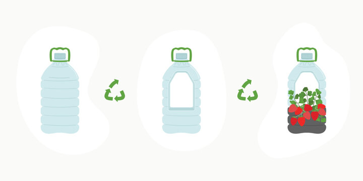 Scheme of upcycling elements. How to upcycle 5L bottle of water. Handmade and DIY secondary use. Ecological, reasonable consumption and sustainable life concept. Hand drawn vector illustration