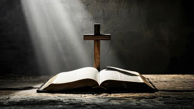 An open Bible lays on a wooden table, illuminated softly, with a cross behind it in a dimly lit space, inviting contemplation and prayer