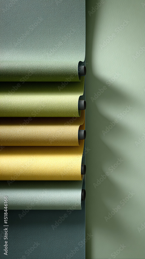 Poster rolled textured fabric samples in green, yellow, and beige shades displayed vertically, showcasing m