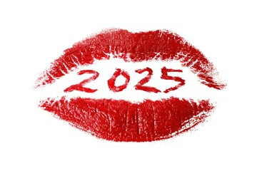 Red lipstick imprint with 2025 in the center against a white background