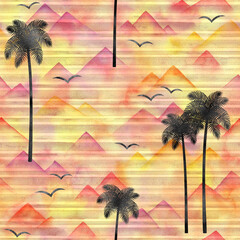 Watercolor seamless pattern with palm trees on sunset colors background