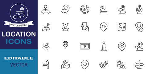 Location web icon set in line style. Includes thin line containing map marker, way, app, distance, map pin, gps, web, world, position and more. Vector illustration.