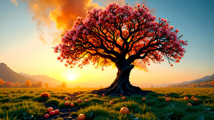 A tree around which the fruits are scattered, at sunset