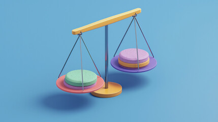 A stylized illustration shows a balance scale with colorful weights, suggesting a concept of equilibrium. The image is used for AI-generated content.