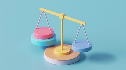 Isometric graphic of a weighing scale, perhaps to represent balance. The scale has a yellow beam, pink left pan, and blue right pan.