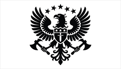 Obraz premium Heraldic Eagle Emblem Vector. Military Crest with Shield, Stars, and Double Axe Design.