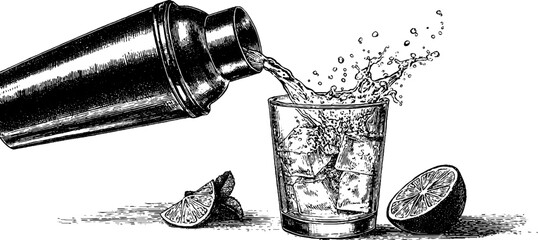 Engraved illustration of cocktail shaker and glass with lime. Vintage detailed artistic drawing of citrus drink pour with ice.