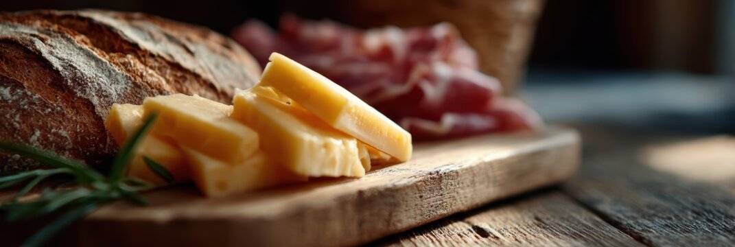 european delicatessen tradition, vintage european deli inspired web banner showcasing continental meats cheeses on rustic cutting boards under warm atmospheric lighting