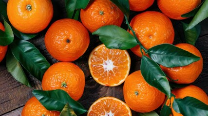Bright oranges lie on a wooden surface, some cut in half, revealing their juicy interior and zestful aroma