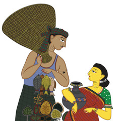  Stylized illustration of a Bangladeshi village man and woman in folk art style, showcasing cultural attire and rural love. Ideal for heritage, romance, and traditional art themes. Folk Art Style