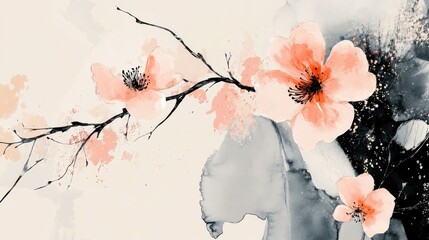Winter background design with watercolor brush texture, Flower and botanical leaves watercolor hand drawing. Abstract art wallpaper design for wall arts, wedding and VIP invite card. Vector EPS10 ill