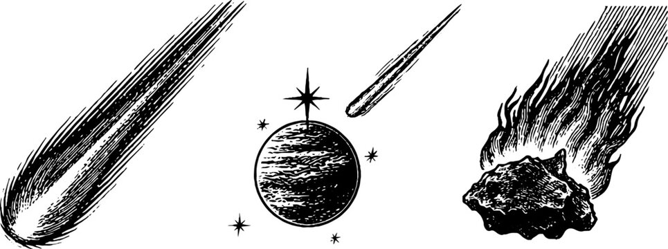 Vintage celestial illustration set featuring comets and planetary elements