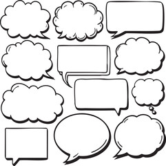 Comic speech and thought bubble set in hand drawn black and white sketch style with various cartoon shapes