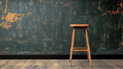 Empty wooden stool standing against a distressed dark wall with a wooden floor