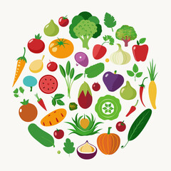 Colorful Variety of Fruits and Vegetables Circular arrangement various fruits vegetables flat design style fruits vegetables food healthy food diet nutrition circle illustration design flat