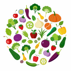 Colorful Circle of Fresh Fruits and Vegetables vibrant illustration various fruits vegetables arranged circular pattern fruits vegetables healthy food circle illustration food nutrition diet apple