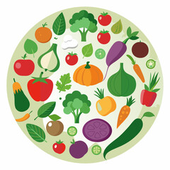 Colorful Variety of Fresh Fruits and Vegetables Circular graphic showcasing various fruits vegetables vibrant colors vegetables fruits food healthy nutrition diet tomato broccoli pumpkin carrot