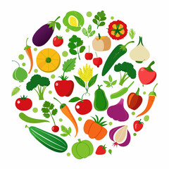 Colorful Circle of Fresh Fruits and Vegetables vibrant illustration various fruits vegetables arranged circular pattern vegetables fruits illustration circle food healthy design tomato apple orange