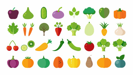 Colorful Flat Illustration of Various Vegetables and Fruits Collection diverse vegetables fruits flat design style including peppers carrots broccoli more vegetables fruits illustration flat design