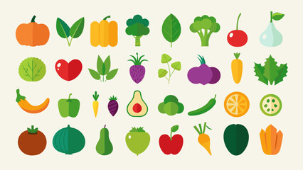 Collection of Colorful Flat Design Vegetable Icons Various fruits and vegetables depicted flat design style vegetables fruits icons flat design illustration healthy food food produce