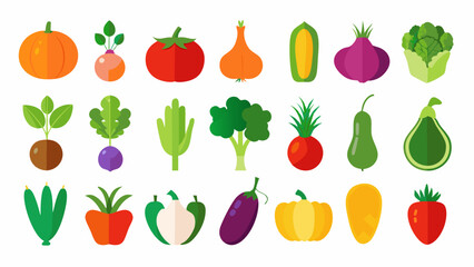 Collection of Colorful Flat Vector Vegetable Icons set various vegetables flat design style including pumpkin tomato onion and more vegetables fruits food icons flat design