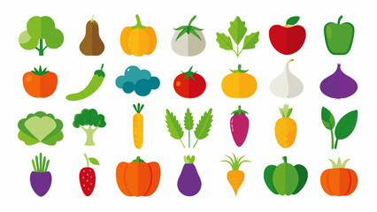 Fototapeta premium Colorful Flat Icon Collection of Various Fruits and Vegetables flat icons depicting different fruits vegetables fruits vegetables icons flat design illustration tomato apple pepper onion