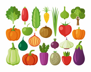 Colorful Flat Illustration of Various Vegetables Collection cartoon vegetables vibrant colors vegetables fruits illustration flat design cartoon food healthy food tomato pumpkin onion garlic potato