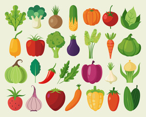 Colorful Collection of Fresh Fruits and Vegetables Flat illustrations various fruits vegetables including tomatoes peppers cucumbers more vegetables fruits tomato pepper cucumber broccoli carrot corn