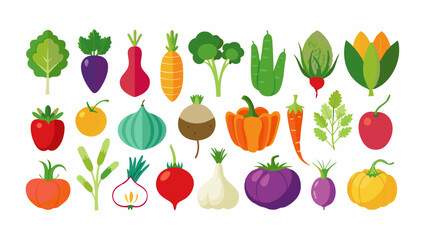 Colorful Collection of Various Vegetables Flat illustration diverse vegetables including roots fruits and leafy greens vegetables fruits illustration food healthy colorful flat design carrot tomato