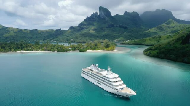 Marvel at the splendid cruise ship navigating the stunning turquoise lagoon surrounded by lush green mountains in Bora Bora