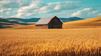 Golden Wheat Field with Rustic Barn Under a Sunny Sky